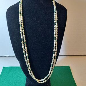 Two Seed pearl with green/gold tone beaded necklace
